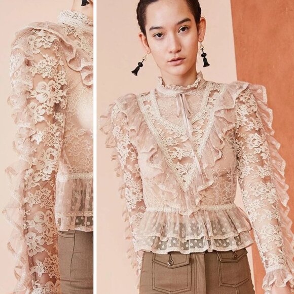 NEW Ulla Johnson Yves Floral Antique Lace Blouse Rare Metallic Gold Cottagecore